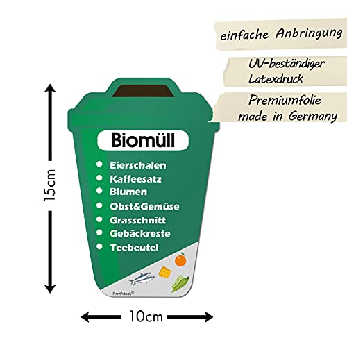 P038 PrintAttack Mülltrennung Aufkleber Set Deutsch oder Englisch für Mülltonne, Vinyl, verschiedene Größen Kratz, Wetter & UV-Schutz für innen und außen Plastik Glas Papier Restmüll Bio (V1_6er Set)