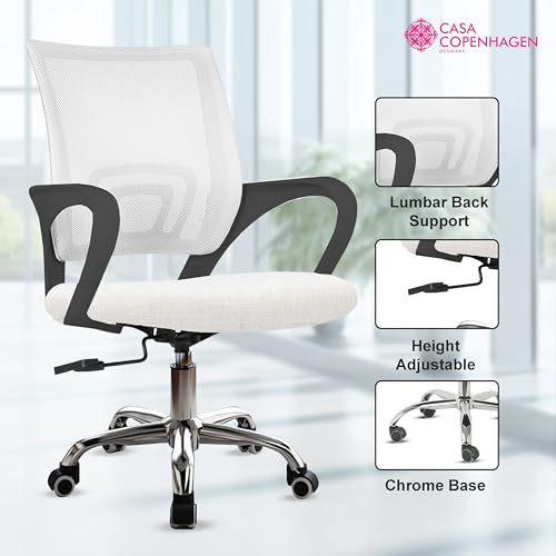 Image of Casa Copenhagen Mesh Mid Back Office /Study /Computer /Revolving /Desk Chair for Work from Home -Metal Base, Height Adjustable Seat- Dove White & Black Handle