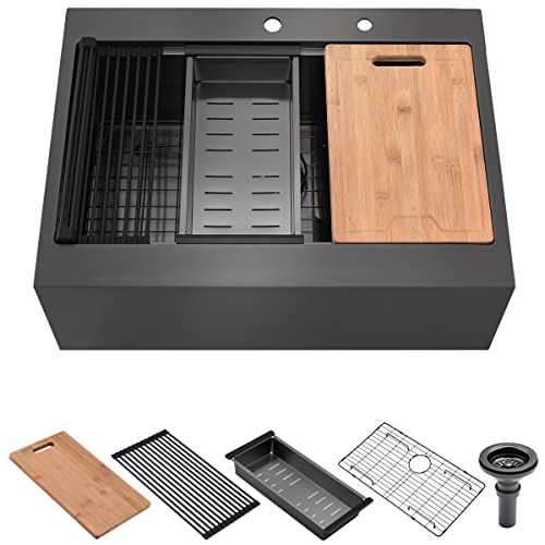 28 inch Black Topmount Apron Sink Farmhouse Kitchen Sink, Luckyhorse 16 Gauge Deep Black Stainless Steel Drop in Workstation Kitchen Farmhouse Sink with Black Nano Accessories Sinks LH008S