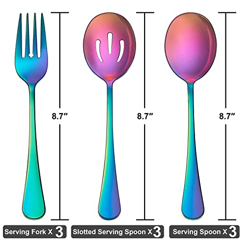 Homikit Stainless Steel 3 Serving Spoons, 3 Slotted Serving Spoons, 3 Serving Forks, Metal Salad Serving Utensils Hostess Set For Catering Dinner Party Buffet Banquet, Rainbow & Dishwasher Safe #TOP1
