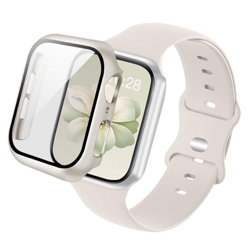 2 Pack Silicone Band/with Case Compatible with Apple Watch 46mm 45mm 44mm 42mm 41mm 40mm , Soft iWatch Sport Strap and Protective Bumper Cover with Tempered Glass for Series 11 10 9 8 7 6 5 4 SE (Series 4/5/6/SE 44mm,Starlight)