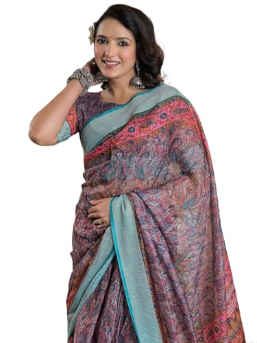 Image of Satrani Women's Linen Printed & Embroidery Ready To Wear Saree with Unstitched Blouse Piece