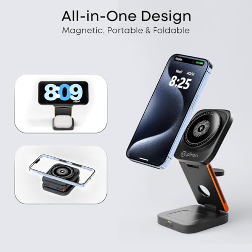 Image of pTron Volta Pro 3-in-1 23W Wireless Charger, Magnetic Charging, Foldable Stand Compatible with iPhone 16 /15 /14 /13 /12 Series, Apple Watch, Airpods & Other Magnetic Charging Supported Smartphones(Black)