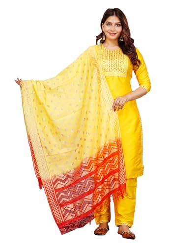 Image of Women's Silk Embroidered Kurta with Pant and Dupatta Set, Straight Style