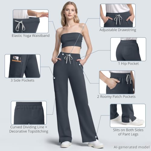 Image of Women's 7-Pocket Scrub Pants - Straight Leg, Mid-Rise, Drawstring | Soft stretch knit Mid-rise drawstring Side slits Wrinkle-resistant Machine washable For nurses /doctors /vets