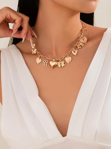 Gold Heart Charm Necklaces for Women Trendy Chunky Puffy Heart Choker Charms Necklace With Different Heart and Bow Fashion Jewelry Gift4