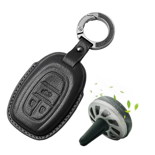 Image of Keyzone Premium Leather Key Cover & AC Vent Car Perfume Combo (4 Fragrances) | Compatible for MG Gloster 3 Button Smart Key. (Black)