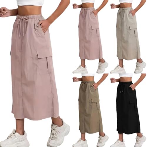 Womens Cargo Skirt Quick Dry A Line Skirt Trendy Maxi Skirts with Pockets High Waisted Back Slit Long Skirts Culottes