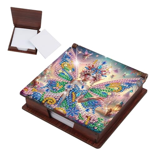 JZHYOAN Caja de almacenamiento portátil reutilizable para notas de diamante, 4.33 x 4.33 x 1.1 pulgadas, caja de almacenamiento de papel de madera, adecuada para oficina, estudio, hada mariposa