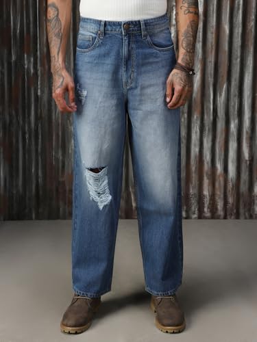 Image of High Star Men Cotton Washed Loose Fit Casual Mid-Rise Jeans