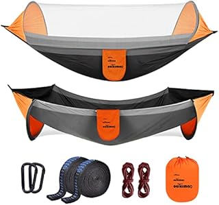 Outerman Camping Hammock with Mosquito Net, Portable Hammock Single & Double with Tree Straps, Pop-up Design, Lightweight Nylon Parachute Hammocks for Indoor, Outdoor, Backpacking, Travel, Hiking