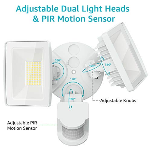 Olafus 50W LED Security Lights Motion Sensor, 5500LM Outdoor PIR Flood Light, IP65 Waterproof Exterior Floodlight Fixture, 2 Head Motion Detector Outside Lighting for Garage, Porch, Yard, 5000K White