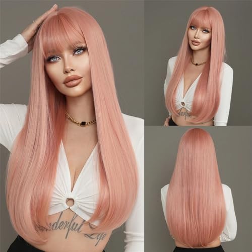 Perruque synthétique longue pour cosplay et fête chic avec reflets blonds