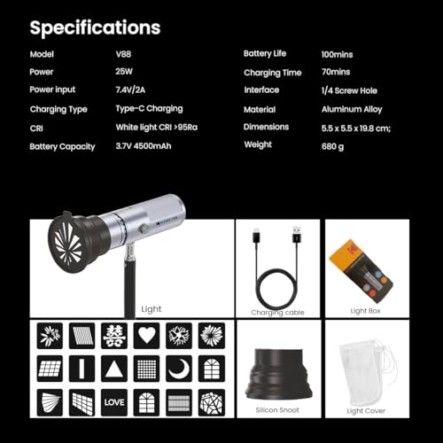 Image of Kodak V88 Special Effect LED Spot Light, 25W Power, CRI >95Ra, 4 Color Modes White Warm Blue Red, Rechargeable Battery, Type-C Charging, 1-100% Dimming Control Knob Adjustment Portable Design Pro