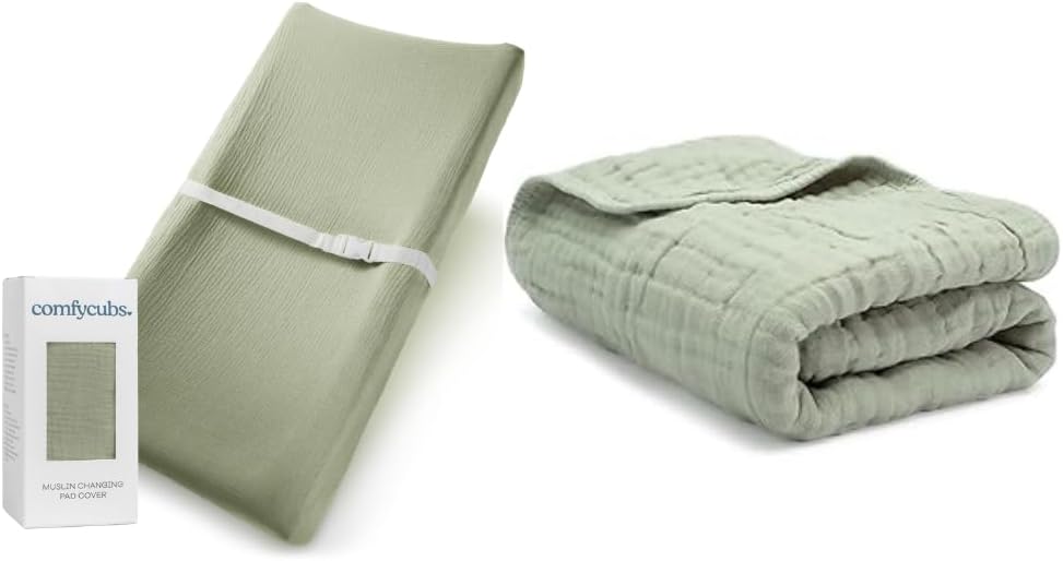 Comfy Cubs Muslin Fitted Changing Pad Cover and Baby Blanket Bundled - Green
