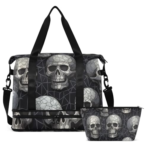 ALAZA Sports Duffel Bags with Toiletry Bag Set,Cute Skull Black Travel Duffel Bags Multi Pockets Weekend Bag
