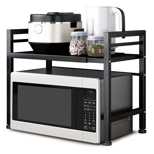 TOTEBOX Expandable Microwave Oven Rack Kitchen Shelf with 6 Hooks 2-Tier Kitchen Counter Organizer Shelf Stand Pot Pan Grill Storage Racks Carbon Steel Heavy Load 55lbs Capacity