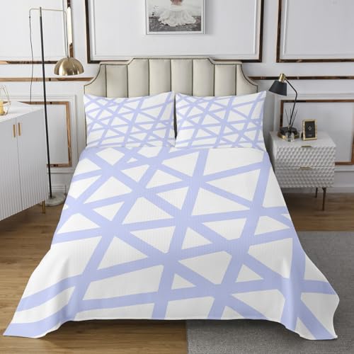 Geometric Quilts Set for Kids Boys,Abstract Line Art 3Pcs Bedspread Bedding Sets,Modern Minimalist Style Bed Cover Set,Purple White Bedspread Coverlet with 2 Pillowshams (King Size)