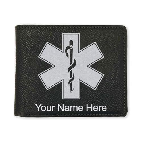 LaserGram Faux Leather Bi-Fold Wallet, Star of Life, Personalized Engraving Included (Black with Silver)