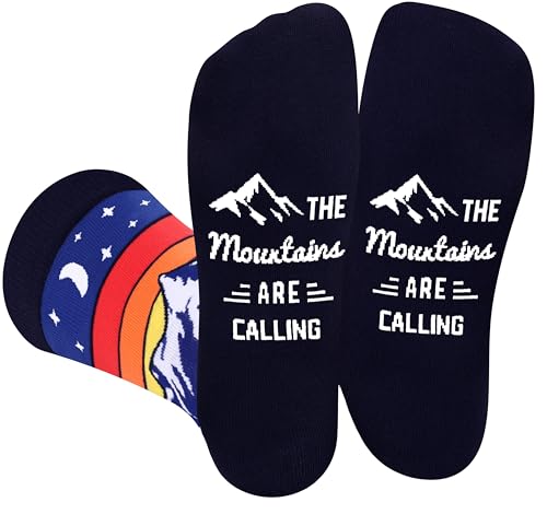 Funny Socks for Men Women Dad Teenage Boys - THE MOUNTAINS ARE CALLING - Novelty Funky Fun Socks for Travellers Climber - Travel Hiking Climbing Fathers Day Birthday Gifts Christmas Stocking Filler