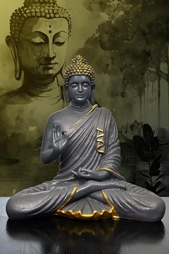 Image of Beautiful Sitting Buddha Idol Statue for Home & Garden Living Room | Healing Spirit Blessing Buddha Statue - 15 Inch Size (Grey+Gold)