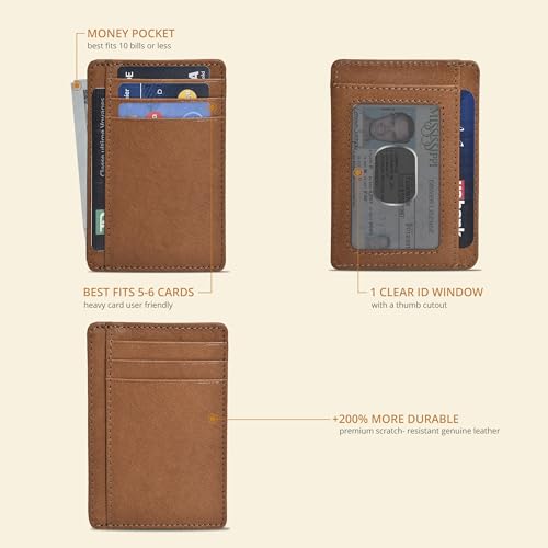 Image of Oak Leathers Leather Slim Minimalist Wallet for Men & Women RFID Front Pocket Leather Card Holder Wallets (Cognac)
