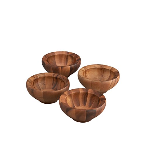Nambé Yaro Design 36 oz Salad Bowls – Set of 4, Acacia Wood Tableware with Smooth Finish & Natural Grain Detailing – Handcrafted Round Serving Bowls for Pasta, Salads & Dining Presentation