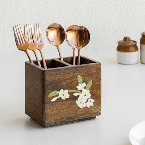 Image of Aurum Crafts Bella Mango Wood Cutlery Stand | Spoon & Fork Stand for Kitchen | Cutlery Holder for Dining Table | Multipurpose Kitchen Organizer (15 x 15 x 15 cm / 6 x 5 x 5 inches)