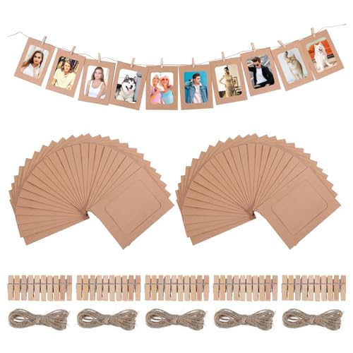 CHGCRAFT 50pcs Kraft Paper Photo Frames 4x6in DIY Cardboard Photo Hanging Display with 50pcs Clips and 10m Strings for DIY Display Party Decor