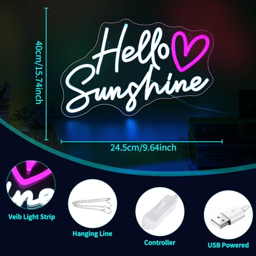 Image of Hello Sunshine Neon Signs for Wall Decor White LED Neon Sign for Room Neon Light Sign for Wall Decor Birthday Party USB Powered