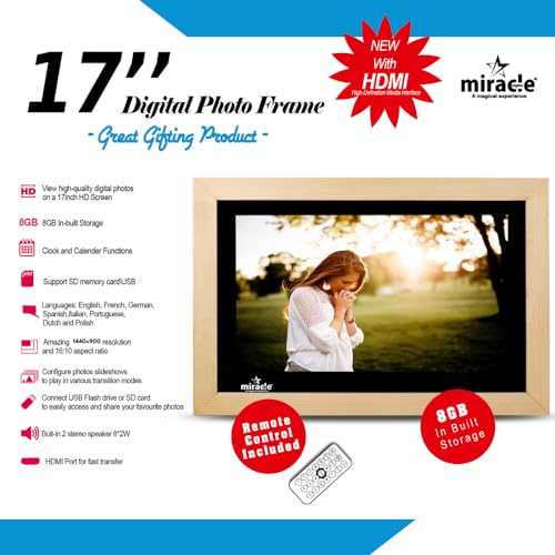 Image of Miracle Digital 17''HDMI Wooden Digital Photo Frame with Hi- Def Screen, USB Disk Card, Remote Photos Slide Show, Video Audio, Support SD Built in 8GB Memory & 2GB RAM(Light)