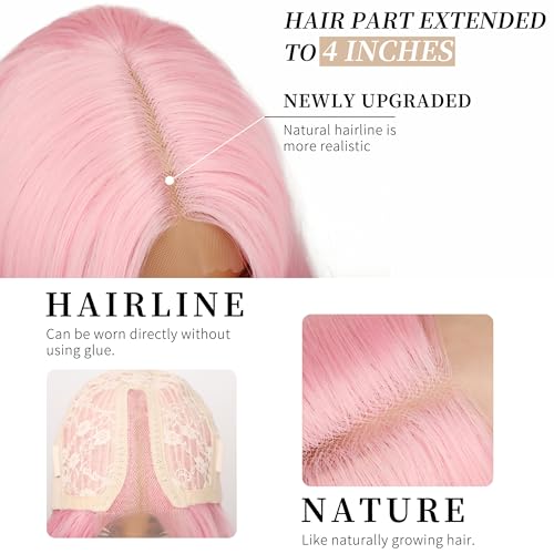 Image of AISI HAIR Pink Wig for Women, Long Wavy Lace Hairline Middle Part Synthetic Wig for Daily Party-26 Inch