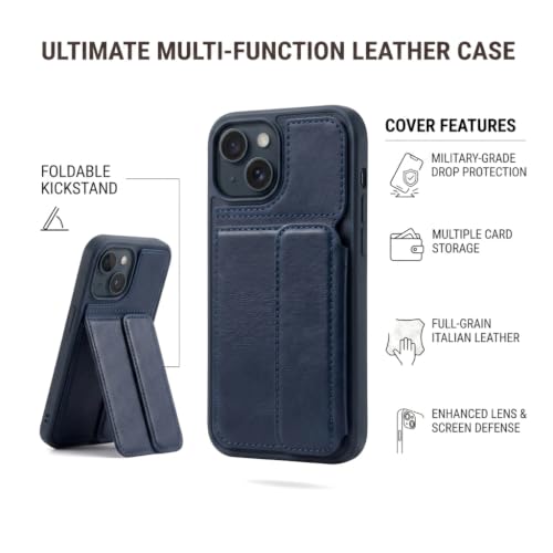 Image of amazon basics Luxury Vegan Leather Back Cover for iPhone 15 | Built-in Card Holder Slot | Integrated Mobile Stand | Slim Shockproof Protective Case with Stitched Finish - Blue
