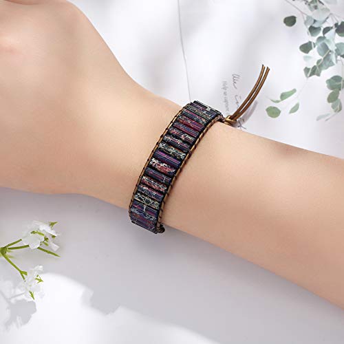 Plumiss Boho Handmade Chakra Bracelets Leather Purple Imperial Jasper Bead Wrap Bracelet For Women Men #TOP1