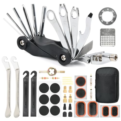 BOPEUY Kit Herramientas Bicicleta, Kit de Herramientas de Reparación de Bicicletas, 17 en 1 Multiherramienta Bicicleta y Neumáticos Palancas, Parches etc Accesorios, Kit de Herramientas para Bicicleta