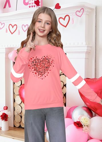 Image of LAZYCHILD Kids Valentine Shirt Girls Valentines Day Shirts Heart Graphic Long Sleeve Striped Tee Tops 5-14 Years