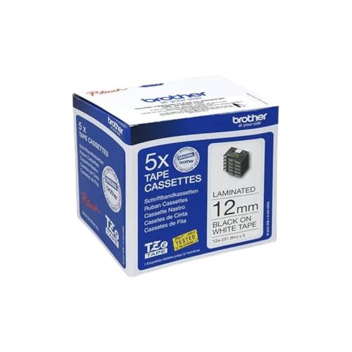 Pack de 5 rubans laminés Brother 12 mm TZE 231 blanc écriture noir