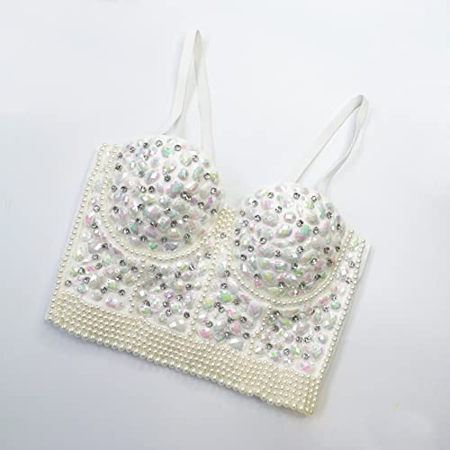 Veendeo Women's Rhinestone Bead Bustier Crop Top Club Party Glitter Corset Top Bra Vest (S, Silver) #TOP3