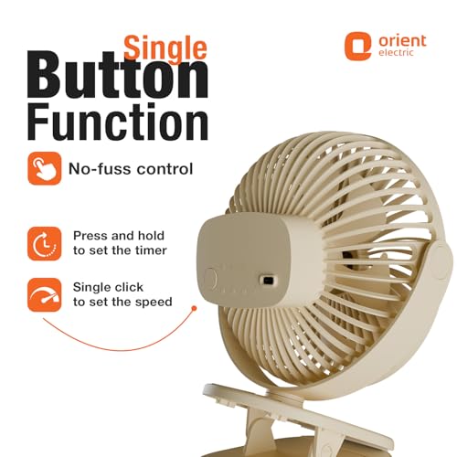 Image of Orient Electric Orbis Rechargeable Personal Fan | 360 Rotation | 1800 mAh Battery | 4 Speed Modes with Timer | Quiet Operation | USB Type-C Charging | Clip-On Mini Fan (Beige)