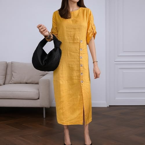 Womens Crewneck Solid Button Cotton Linen Dress Half Sleeve Split Midi Dresses Casual Baggy Shift Vacation Dress2