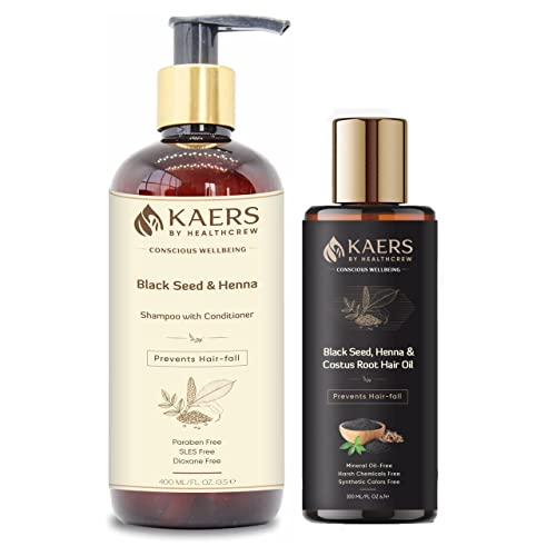 Image of Kaers Kalonji Hair Care Combo | Black Seed & Henna Shampoo | Black Seed, Henna & Costus Root Hair Oil | Nourishment of Hair | Paraben Free, SLES Free, Dioxane Free, Mineral Oil Free | 400ml + 200ml Value Pack