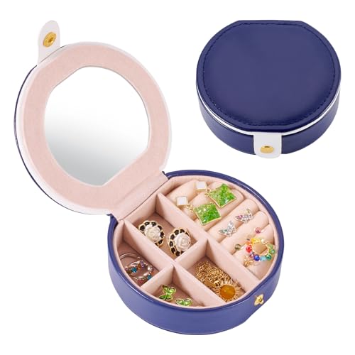 Crafans Mini boîte à bijoux portable ronde en cuir avec miroir - Mini boîtes à bijoux de voyage pour bagues et boucles d'oreilles - Petit étui à bijoux circulaire pour femme - Bleu nuit