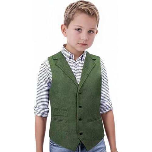 Boys Vest Vintage Herringbone Tweed Waistcoat with Pocket Sleeveless Slim Fit Casual Ring Bearer Outfit