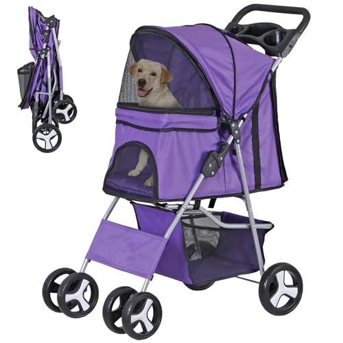 LEMY Pet Stroller,4 Wheels Dog Cat Stroller with Storage Basket&Cup Holder,Folding Dog Cat Cage Jogger Strollers for Small Medium Dogs Cats Travel,Purple