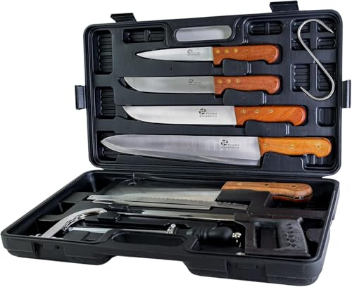 Pradel Excellence - PCOT001008 - Mallette Coutellerie du Chasseur - 5 Couteaux + 1 Fusil d’Affûtage + 1 Scie - Acier Inoxydable - Manches Bois de Rose - 52,5 cm