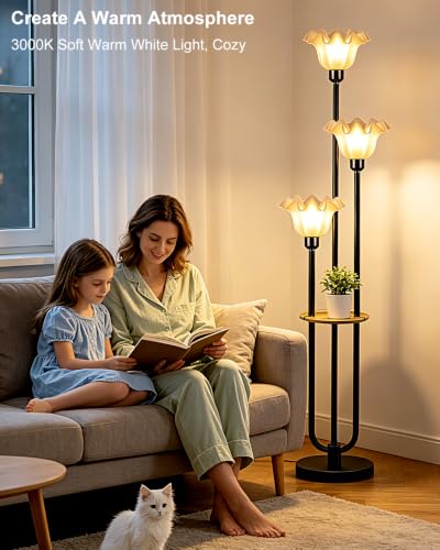 Image of Flower Floor Lamp for Living Room, Mid Century Modern Floor Lamp Dimmable with Shelf & LED Bulbs, 3 Light Black Vintage Floral Standing Tall Lamp for Bedroom Sofa Beside Corner Decor