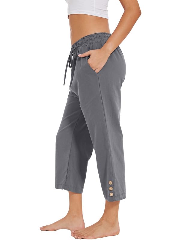 Womens Capris Pants High Waist Drawstring Comfy Casual Pants Casua Lightweight Loose Trousers Buttons Trim with Pockets4
