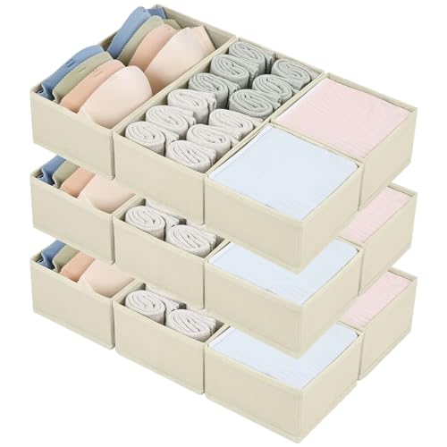 Image of DIMJ Drawer Organizers - Set of 12 Fabric Closet Organizers and Storage, Drawer Dividers for Baby Clothes, Socks, Belt, Tie (Beige)