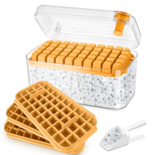 Ice Cube Trays with Lid and Container, 150 Pieces Ice Cubes, Easy Squeeze to Release Ice, Cooling Cocktail, Whiskey, Coffee, 3 Bowls, 1 Ice Bucket and Scoop