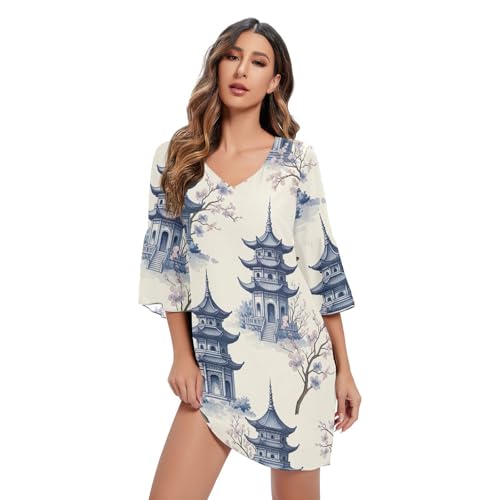 Robe courte bleue imprimé pagodes à coupe swing rétro chic